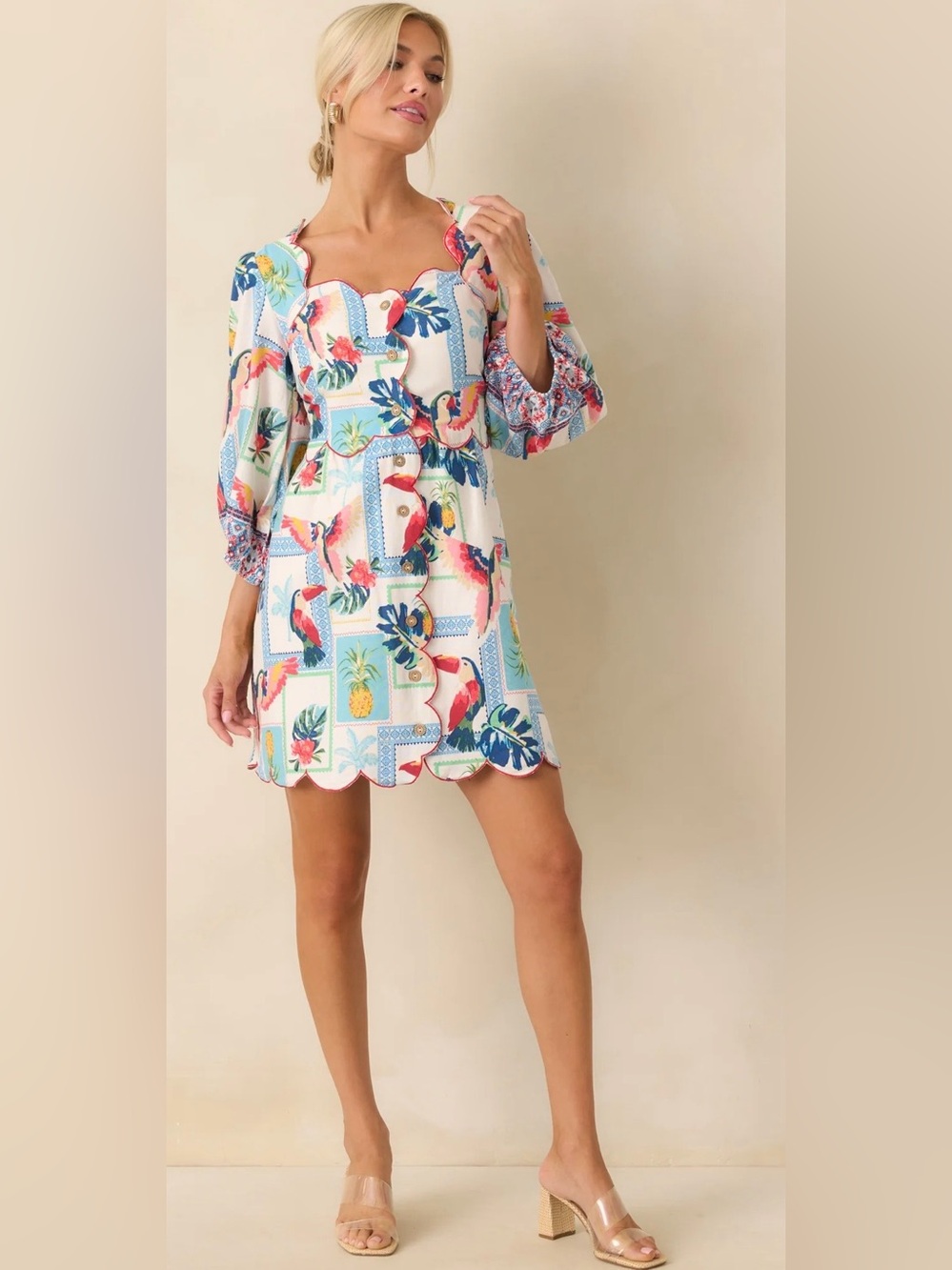 Fate Tropical Print Scallop-Trim Mini Dress in White Multi